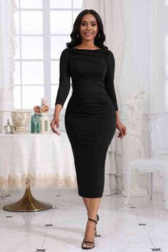 Features: Basic style Sheer: Opaque Stretch: Highly stretchy Body: Not lined Material composition: 80% polyester, 20% spandex Care instructions: Machine wash cold. Tumble dry low. Imported Product measurements: S: bust 29.6 in, shoulder 13.7 in, waist 25 in, hip 33 in, sleeve length 18.7 in, length 46 inM: bust 31.2 in, shoulder 14 in, waist 26.5 in, hip 34 in, sleeve length 19.1 in, length 46.4 inL: bust 33.5 in, shoulder 14.4 in, waist 28.9 in, hip 37 in, sleeve length 19.5 in, length 46.8 inX Boat Neck Midi Dress, Elegant Bodycon Dress, Midi Dress Fall, Womens Sheath Dress, Midi Dress Casual, Hip Dress, Long Sleeve Midi, Long Sleeve Midi Dress, Basic Style