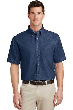 Port & Company ® - Short Sleeve Value Denim Shirt. SP11 - INK BLUE* - S | Port & Company - Short Sleeve Value Denim Shirt in Ink Blue* Size Small | Cotton Short Sleeve Denim Shirt, Adult Dress, Chef Wear, Office Pants, Ink Blue, Clothing Logo, Work Shirts, Unisex Shorts, Embroidered Shirt