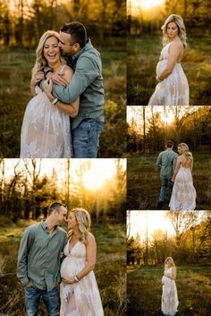 a pregnant couple cuddles in the woods at sunset