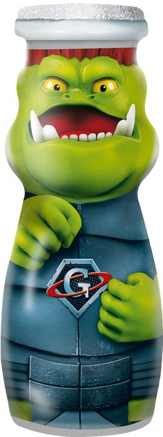 an image of a cartoon character with big teeth and green skin wearing a blue suit