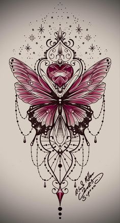 a drawing of a pink butterfly with intricate designs on it's wings and the words love