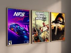 three video game covers hanging on the wall