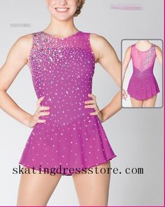 a woman in a purple leotard and short skirt with sequins on it