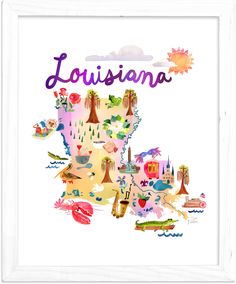 a watercolor map of the state of louisiana with all its major cities and towns