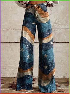 Ropa Upcycling, Retro Flower Pattern, Casual Wide Leg Pants, Outfit Jeans, New Retro, Jeans Fashion, Printed Jeans, Flared Pants, Hippie Outfits