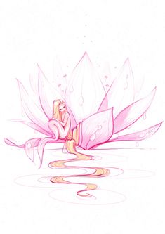 a drawing of a woman sitting on top of a flower in the water with leaves around her