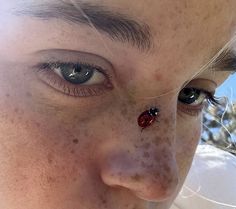 a lady bug crawling on the nose of a woman's face with freckles