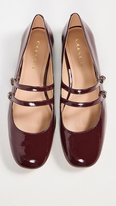 Coach Winley Mary Jane Flats | Shopbop Red Mary Jane Shoes, Americana Aesthetic, Coach Flats, Coach 1941, Heel Caps, Mary Jane Flats, Coach Leather, Leather Logo, Coach Shoes