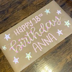 a happy 18th birthday sticker on a wooden table with the words,'happy 18th birthday annna '