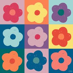 four squares with different colored flowers in the middle and one has a red circle at the center