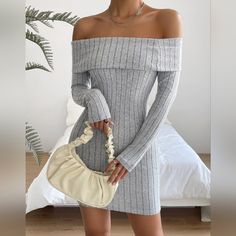 Shein Priv Off Shoulder Foldover Ribbed Fleece Bodycon Dress New With Out Tags. Color: Grey Size: Small Fall Maternity Dress, Off Shoulder Sweater Dress, Black Cutout Dress, Sheer Sleeve Dress, Long Black Sweater, Cross Front Dress, Hooded Sweater Dress, Flare Sleeve Sweater, Silver Cocktail Dress