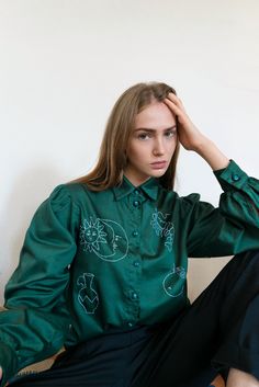 Our new Fall/Winter Collection of Hand embroidered custom made blouses. Organic cotton, feminine cut and hand embroidery with love. Slooow hands takes it to the new level, making your look even more perfect and unique. M size. Good on XS/S/M size. Wide sleeves. Royal green color. Measurements: Shoulders: 43, Sleeve: 62, Bust: 104, Blouse length: 55. Embroided Shirts, Dusty Pink Blouse, Dark Green Blouse, Lilac Blouse, Royal Green, Perfect Blouse, Awesome Blouse, Formal Shirt, Shirt Embroidery