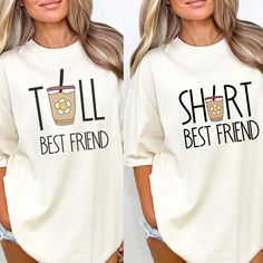 Tall Best Friend Coffee Shirt ~ HOW TO ORDER ~ ❤ Enter Tall or Short into personalization box ❤ Repeat steps for Each shirt  ~ PRODUCT DETAILS ~ ❤ Comfort Colors Brand ❤ 100 % Cotton ❤ DTG (Direct to Garment) Printing. The Ink is printed directly into the fabric. There is no Vinyl used. ~ SIZING ~ ❤ Unisex Sizing ❤To achieve the Oversized look, please size up 1-3 Sizes. ❤ Please refer to size guide in product images to ensure you are choosing the correct fit. ~ CARE INSTRUCTIONS ~ ❤ Wash inside out with cold water ❤ Lay flat to dry ❤ Do not dry clean ❤ Try to avoid ironing the design ❤ Tumble dry low ~ RETURNS/EXHANGES ~ ❤ Please note; your product is made to order & Returns are not accepted. ❤ Please make sure all sizing & Shipping information is correct before ordering. ❤ We are not resp Coffee Short Sleeve Shirt With Letter Print, Coffee Colored Short Sleeve Shirt With Letter Print, Coffee Cotton Slogan Top, Coffee Colored Cotton Slogan Top, Coffee Color Relaxed Fit Short Sleeve T-shirt, Coffee-colored Cotton Tops With Slogan, Coffee-colored Cotton Slogan Top, Coffee-colored Cotton Top With Slogan, Pre-shrunk Cotton Coffee Tops