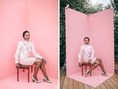 a woman is sitting on a chair in front of a pink wall and another photo has her legs crossed