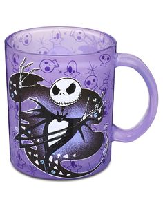 a purple coffee mug with the character jack skellingy on it's side