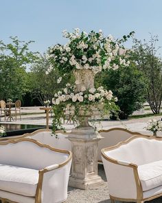 an arrangement of white flowers in a vase on top of two couches and a table