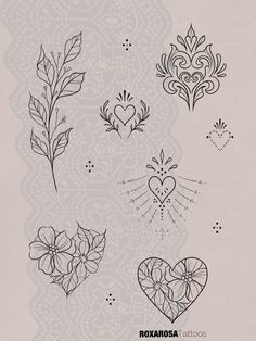 four hearts and flowers are drawn in black ink on a white paper with laces