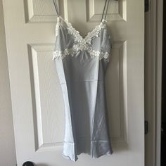 Light Blue And White Lace Silk Slip Dress. Never Worn. Elegant Light Blue Summer Sleepwear, Elegant Blue Nightgown For Summer, Blue Spaghetti Strap Dress For Wedding Night, Elegant Blue Summer Nightgown, Feminine Blue Sleep Dress, Elegant Sleeveless Blue Nightgown, Elegant Summer Sleepwear Mini Length, Elegant Mini Length Summer Sleepwear, Elegant Summer Mini Sleepwear