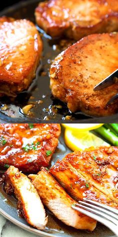 two pictures of chicken being cooked in a skillet with lemon wedges and asparagus