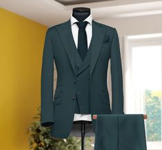 "Men Suits, Suits For men Dark Green three piece Wedding Suit, Formal Fashion Slim Fit Suit, enchanted suits men COMPULSARY  PLEASE MEASURE YOUR CHEST AREA, CIRCUMFRENECE AROUND THE BROADEST PART OF CHEST AND WAIST AREA WHERE YOU NORMALLY WEAR YOUR TROUSER OR 4 FINGER BELOW THE BELLY BUTTON, AND PICK YOUR SIZE ACCORDINGLY  PLEASE PROVIDE YOUR HEIGHT AND WEIGHT IN THE PERSONALISATION BOX , WHILE PLACING THE ORDER PLEASE CHECK THE SIZE CHART BEFORE PLACING THE ORDER IN SIZE CHART , \"WAIST\" REFER Luxury Green Suit For Wedding, Bespoke Custom Fit Three-piece Suit For Groom, Tailored Three-piece Suit With Notch Lapel For Ceremony, Bespoke Tailored Three-piece Suit For Groom, Bespoke Three-piece Suit With Notch Lapel For Groom, Formal Fashion, Suits Men, Wedding Suit, Custom Suit