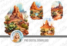 the digital clipart collection includes desert scenes, cactus plants and mountains with watercolor paint