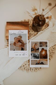 an image of a couple on their wedding day with the save the date cards in front of them