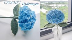 two pictures one with blue flowers and the other with crochet hydrangea