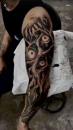 a man's arm with an eyeball tattoo on the left side of his leg