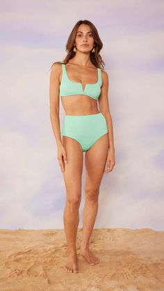 DETAILS SIZE & FIT FABRICATION & CARE SHIPPING & RETURNS    It's time to update your swimwear collection to be more effortlessly stylish. Designed in a bright minty hue that will have you standing out in the crowd. Style with our matching Frankie Bikini Top and RumI Strappy Midi Dress to complete your new favourite swimwear look. - High-waisted bikini bottoms - Medium coverage - Lined - Designed in Sydney, Australia  - Style Number: IS2402030      Our model is 170cm tall and wears a size Small.  Composition: 75% Polyester 25% Elastane Lining: 87% Polyamide 13% Elastane - Hand wash with mild soap in cold water  - Wash separately  - Do not bleach/soak/wring or tumble dry  - Dry flat in the shade  - Cool iron if needed on the reverse side - Free AU shipping for orders $150 and over  - Orders V Shape Cut, Australia Style, Strappy Midi Dress, Swimsuits Outfits, Swimsuit Design, Neckline Designs, Frankies Bikinis, Summer Bikinis, High Waist Bottoms