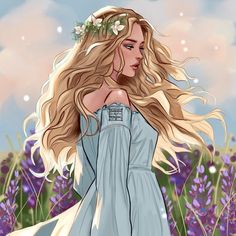 a woman with long blonde hair and flowers in her hair is walking through the grass