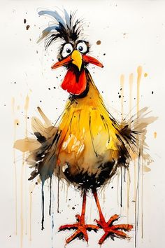 a watercolor painting of a chicken with paint splatters on it's face