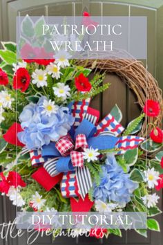 a patriotic wreath with red, white and blue flowers