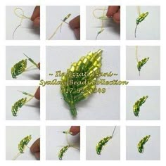 several pictures of different types of green beads and wire with text that reads, how to make beaded corn on the cob