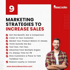 a man with his arms crossed standing in front of a red and white poster that says 9 marketing strategy to increase sales