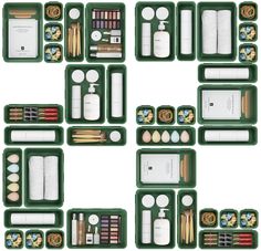 an assortment of makeup and toiletries in green trays