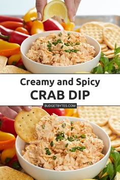 two pictures with crackers and dip in them