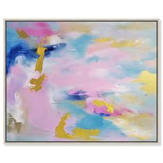 an abstract painting with pink, blue and yellow colors on it's canvas frame