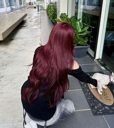 Cherry Hair Girl, Red Wine Color Hair, Long Cherry Red Hair, Long Wine Red Hair, Dark Red Hair Halloween Costumes, Long Red Hair Aesthetic, Cherry Red Hair Aesthetic, Raspberry Red Hair, Long Dark Red Hair