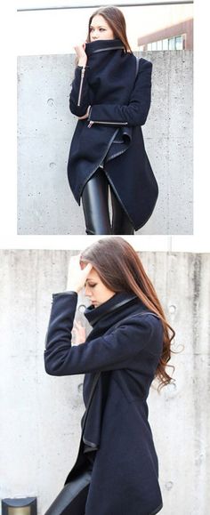 Navy Zipper Detail Asymmetric PU Trim Waterfall Coat Waterfall Coat, Asymmetrical Jacket, Asymmetrical Coat, Navy Coat, By Any Means Necessary, Zipper Detail, Look Chic