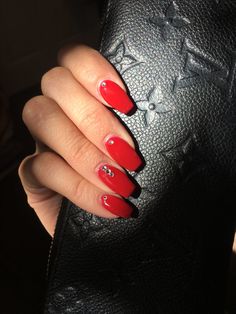 Subtle Rhinestone Nails, Solid Nails With Rhinestones, Red Nail Designs Diamonds, Red Nails With Gems Simple, Red Nails Acrylic Rhinestones, Red Nail Inspo With Gems, Red Bejeweled Nails, Red Nails With Stones Design, Red Nails Acrylic Gems