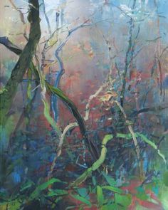 an abstract painting of trees in the woods