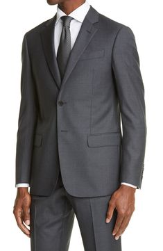 Finely textured virgin wool defines a modern-cut suit framed with crisp, handsome notch lapels. Style Name:Emporio Armani Trim Fit Solid Wool Suit. Style Number: 5470383. Modern Business Suits With Flat Front, Modern Business Suit With Flat Front, Modern Single Button Flat Front Suit, Modern Business Tuxedo With Suit Collar, Modern Suits With Pressed Crease In Suiting Fabric, Elegant Three-piece Suit With Notch Lapel For Business Meetings, Business Suit With Notch Lapel And Pressed Crease, Modern Business Suits With Welt Pockets, Notch Lapel Single Button Suits For Business Meetings