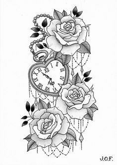 a tattoo design with roses and a clock