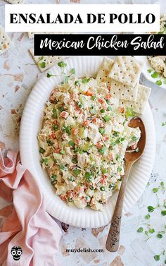 A white plate with chicken salad and wooden spoon. Authentic Mexican Salad Recipes, Chicken Salad Tostadas Mexican, Mexican Style Chicken Salad, Chicken Salad Recipe Mexican, Spanish Chicken Salad, Chicken Salad Recipe Mexican Style, Mexican Inspired Chicken Salad, Chicken Salad Tostadas, Mexican Chicken Salad Recipe