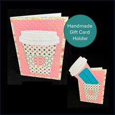 handmade gift card holder with polka dots and a cup on the front, in pink