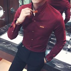 Slim Fit Solid Color Dress Shirt - Men & women apparel Boy Prom Outfit, Mens Summer Outfits, Collarless Shirt, Trendy Mens Fashion, Mens Suit Jacket, Slim Fit Dress Shirts, Solid Color Dress, Fitted Dress Shirts, Slim Fit Dresses