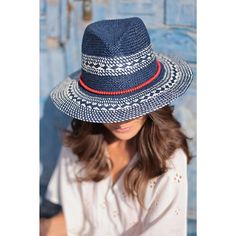 Keep the sunshine out of your eyes this summer with Shiraleah's Ames Hat. Made from deep blue paper straw with white woven details, this chic beach hat is the perfect match to any summer outfit. Pair with other items from Shiraleah's American Summer collection to complete your look! White Paper Straw Hat For Vacation, Summer Panama Hat In Paper Straw For Vacation, Summer Vacation Panama Hat In Paper Straw, Summer Vacation Paper Straw Panama Hat, Navy Beach Hat, White Woven Fedora For Summer, White Fedora For Beach Season Vacation, White Fedora For Beach Vacation, Casual White Fedora For Beach