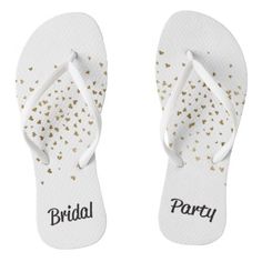 white and gold flip flops with the words bridal party printed on them