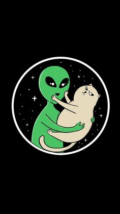 an alien hugging a cat with stars in the background