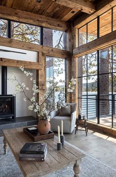 a living room filled with furniture and a fire place in front of a large window